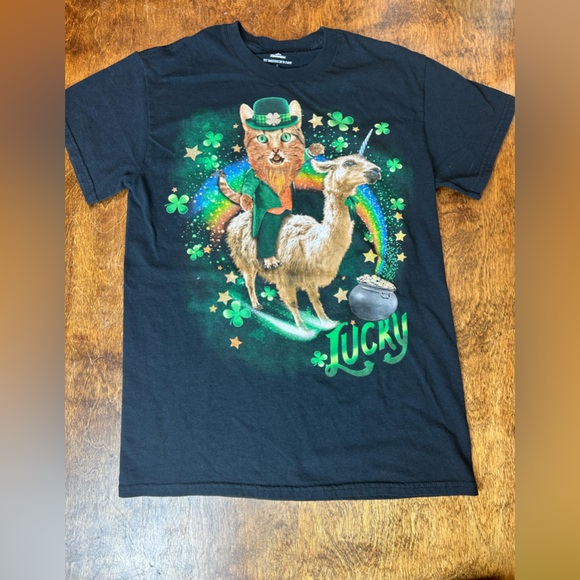 St. Patrick’s Day Black T-Shirt with Cat and Llama Design - Picture 10 of 16